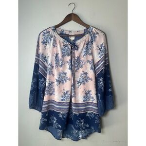 🎃Fig and Flower Women Pink Navy Blue Floral Lace Back Boho Blouse Large KOK1470